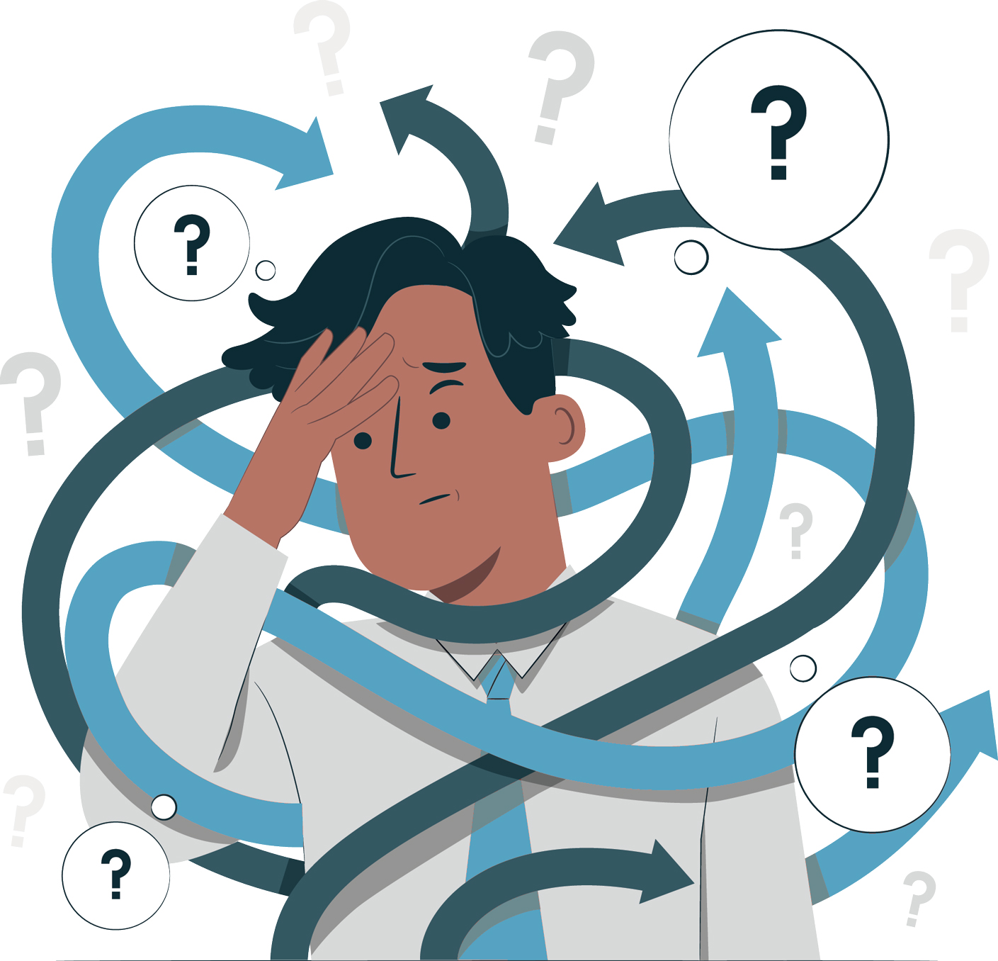An illustration on a Miami-based online ADHD counseling service website showing a puzzled man with swirling arrows and question marks around his head, symbolizing confusion and the challenges of ADHD, with a call-to-action for a free self-assessment.